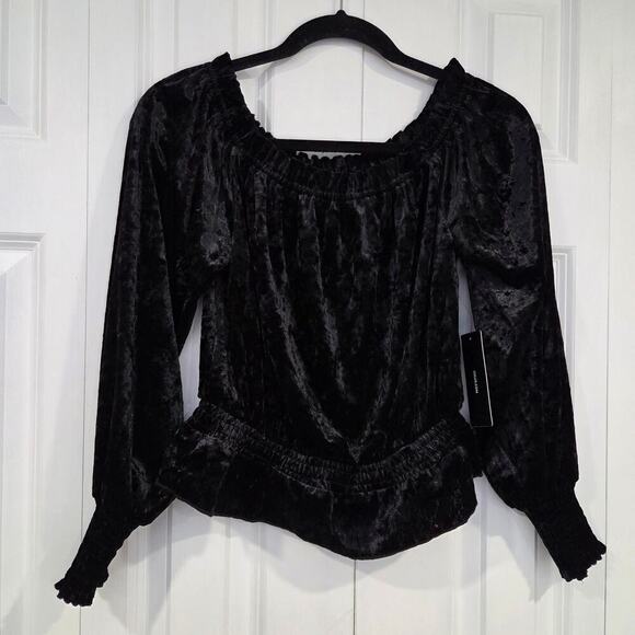 Lulus Black Velvet Burnout Crop Long Sleeve XS Scoop Neck - Picture 1 of 7